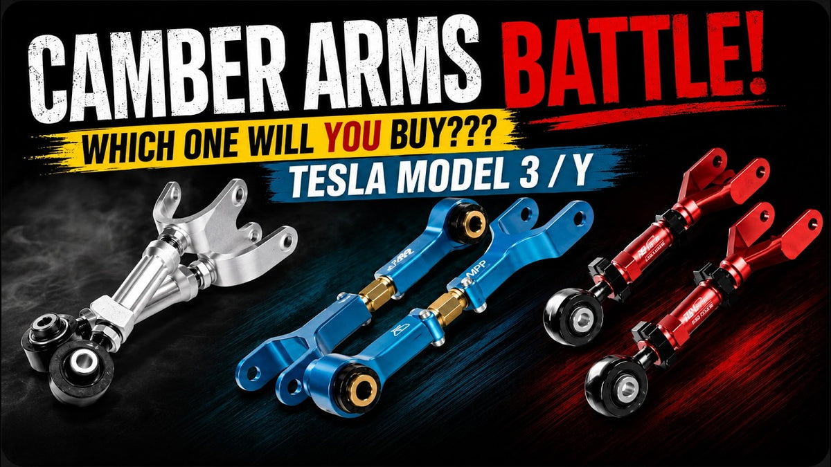 Comparison of adjustable Tesla rear camber arms from multiple manufacturers